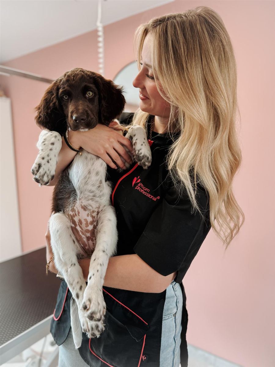 Hondentrimster knuffelt een puppy in de salon